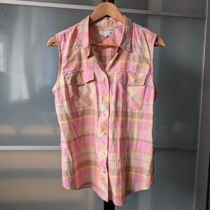 Sleeveless Plaid Button-Front Tank in Pink and Yellow